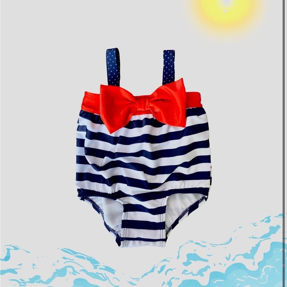 Cat & Jack Girls Navy and White Striped Red Bow One-Piece Swimsuit